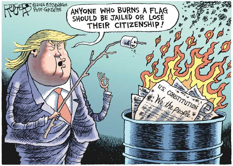 Political/Editorial Cartoon by Rob Rogers, The Pittsburgh Post-Gazette on Trump Blasts Flag Burners