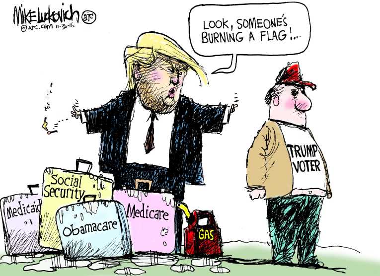 Political/Editorial Cartoon by Mike Luckovich, Atlanta Journal-Constitution on Trump Blasts Flag Burners