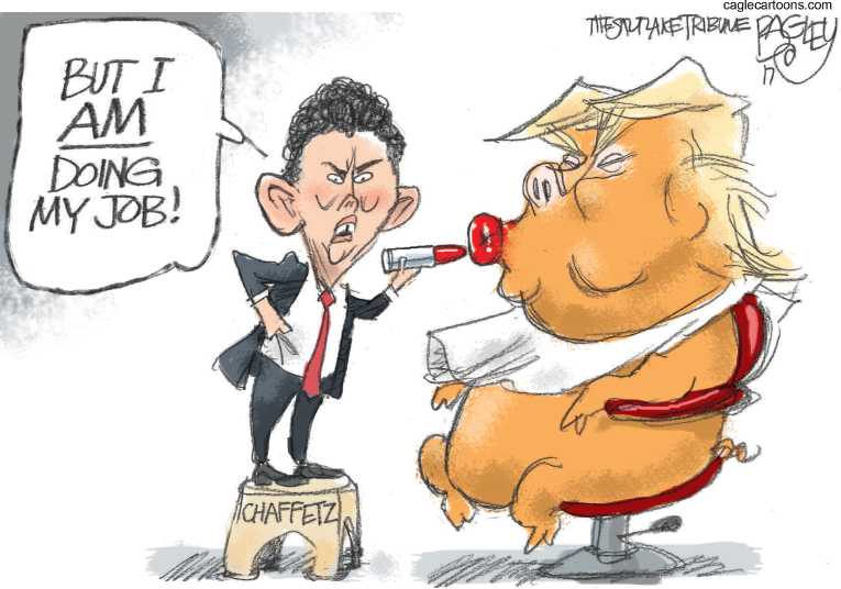 Political/Editorial Cartoon by Pat Bagley, Salt Lake Tribune on GOP Standing Behind Trump