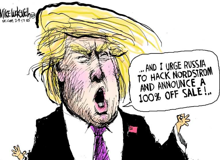 Political/Editorial Cartoon by Mike Luckovich, Atlanta Journal-Constitution on Trump Battling Nordstrom