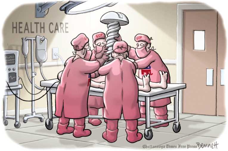 Political/Editorial Cartoon by Clay Bennett, Chattanooga Times Free Press on Health Plan Details Revealed