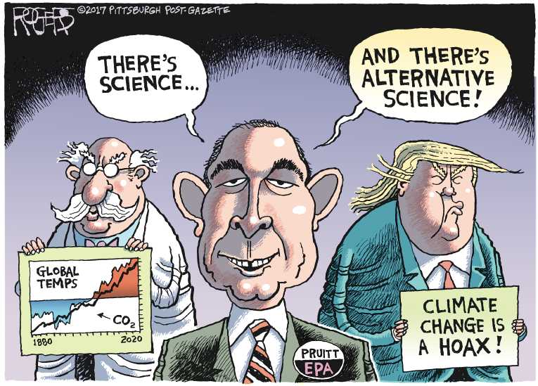 Political/Editorial Cartoon by Rob Rogers, The Pittsburgh Post-Gazette on Pruitt Takes Charge