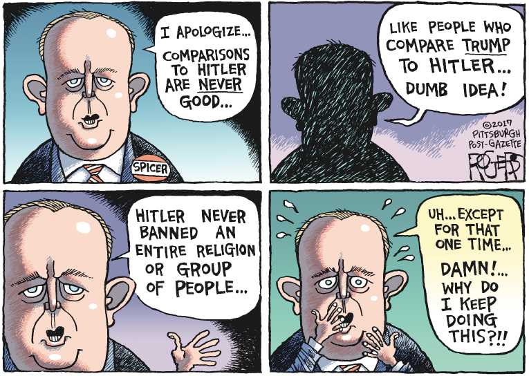 Political/Editorial Cartoon by Rob Rogers, The Pittsburgh Post-Gazette on Spicer Offers Final Solution