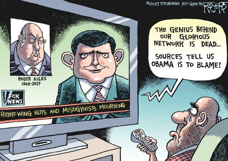 Political/Editorial Cartoon by Rob Rogers, The Pittsburgh Post-Gazette on Roger Ailes Dies
