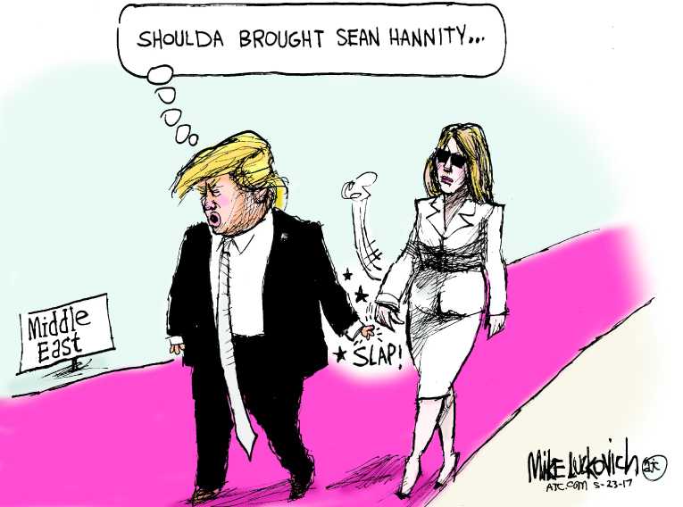 Political/Editorial Cartoon by Mike Luckovich, Atlanta Journal-Constitution on Trump Leaves Country