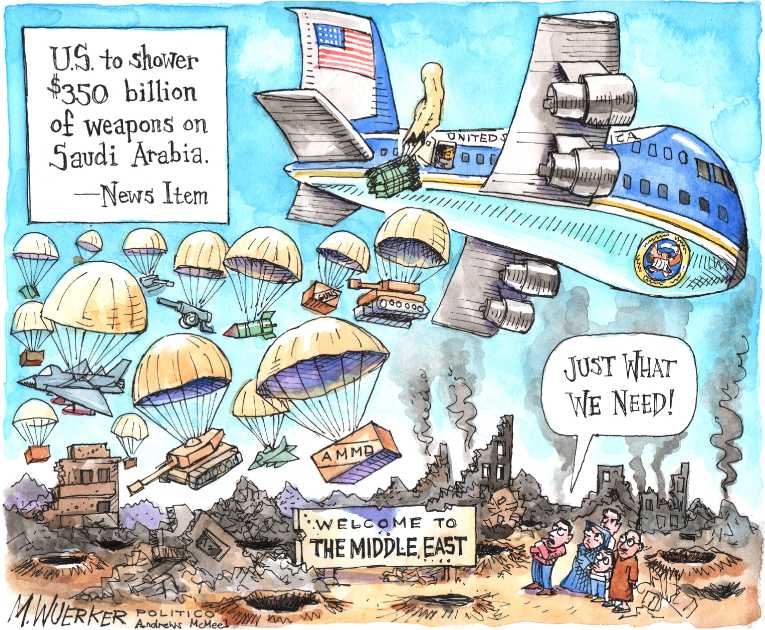 Political/Editorial Cartoon by Matt Wuerker, Politico on Trump Leaves Country