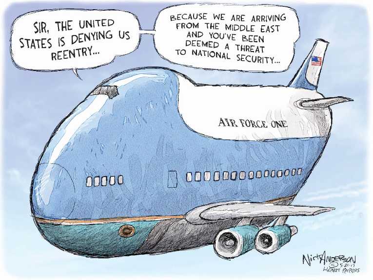 Political/Editorial Cartoon by Nick Anderson, Houston Chronicle on Trump Leaves Country