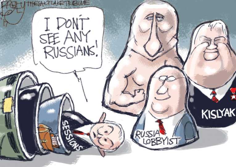 Political/Editorial Cartoon by Pat Bagley, Salt Lake Tribune on Attorney General Protects Trump