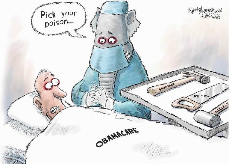 Political/Editorial Cartoon by Nick Anderson, Houston Chronicle on Senate Health Bill Stalled