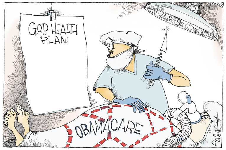 Political/Editorial Cartoon by Signe Wilkinson, Philadelphia Daily News on Senate Health Bill Collapses