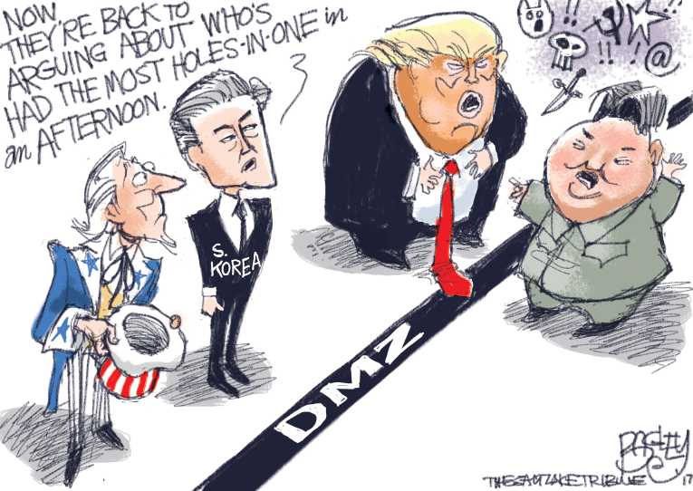 Political/Editorial Cartoon by Pat Bagley, Salt Lake Tribune on War of Nuclear Words