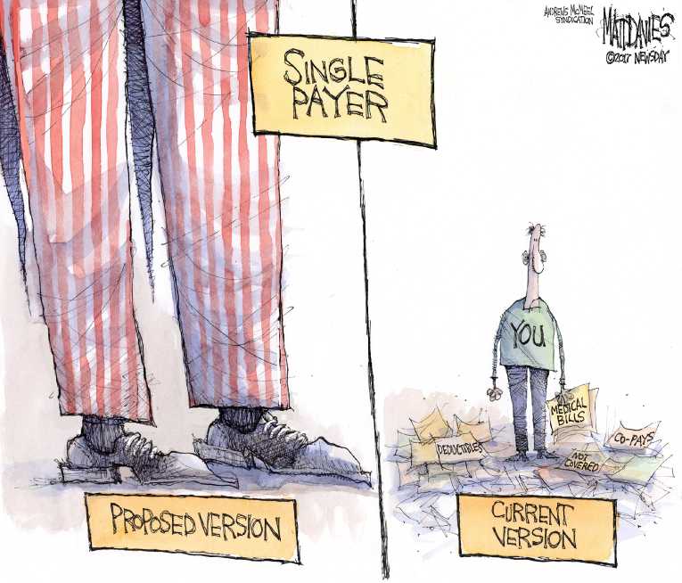 Political/Editorial Cartoon by Matt Davies, Journal News on Bernie Proposes Medicare for All