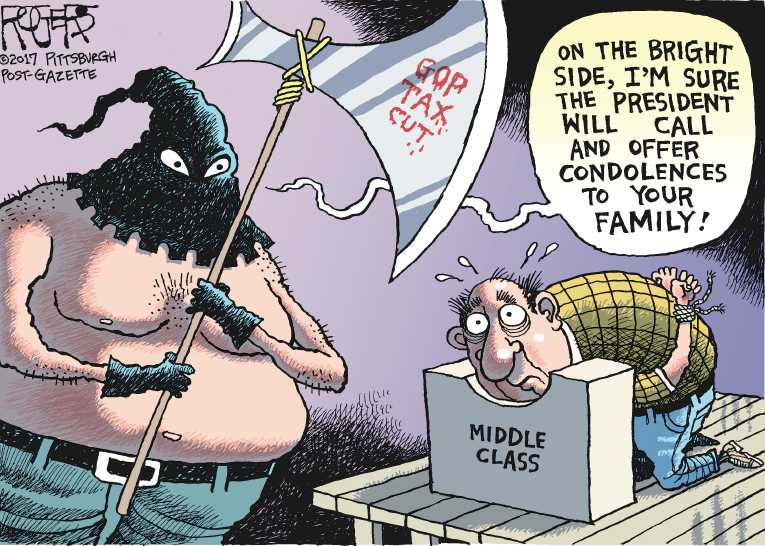 Political/Editorial Cartoon by Rob Rogers, The Pittsburgh Post-Gazette on GOP Lauds “Middle Class” Tax Cut