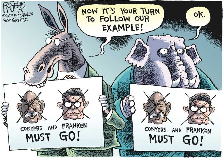 Political/Editorial Cartoon by Rob Rogers, The Pittsburgh Post-Gazette on Big Names Go Down