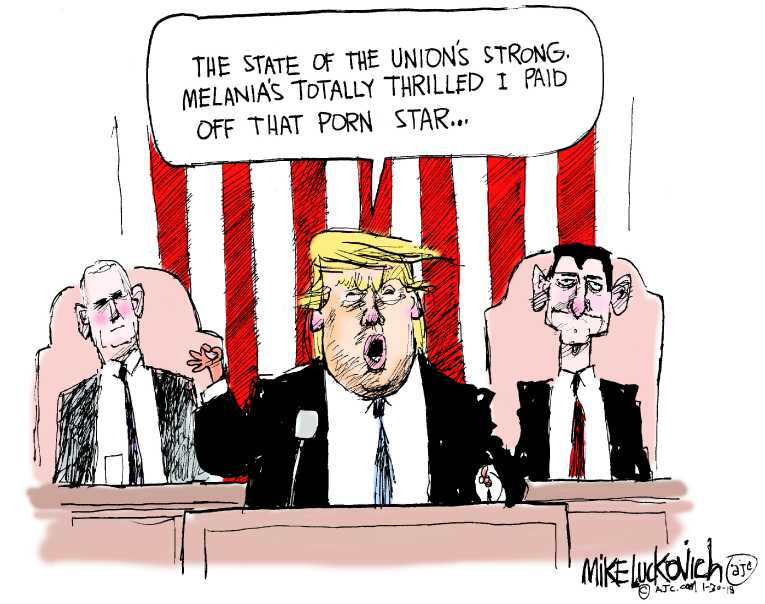 Political/Editorial Cartoon by Mike Luckovich, Atlanta Journal-Constitution on President Praises Trump