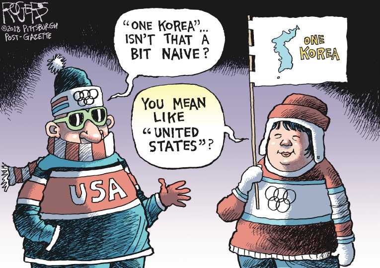 Political/Editorial Cartoon by Rob Rogers, The Pittsburgh Post-Gazette on Politics on Display at Olympics