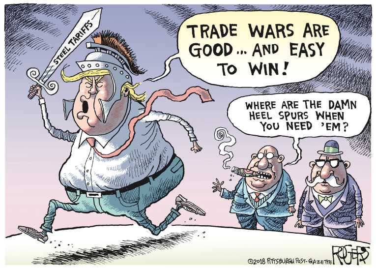 Political/Editorial Cartoon by Rob Rogers, The Pittsburgh Post-Gazette on Trump to Impose Stiff Tariffs