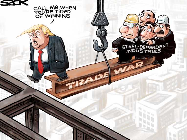 Political/Editorial Cartoon by Steve Sack, Minneapolis Star Tribune on Tariff Threat Shocks Market