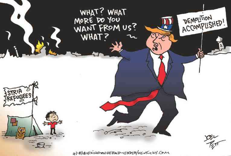 Political/Editorial Cartoon by Joel Pett, Lexington Herald-Leader, CWS/CartoonArts Intl. on US Bombs Syria