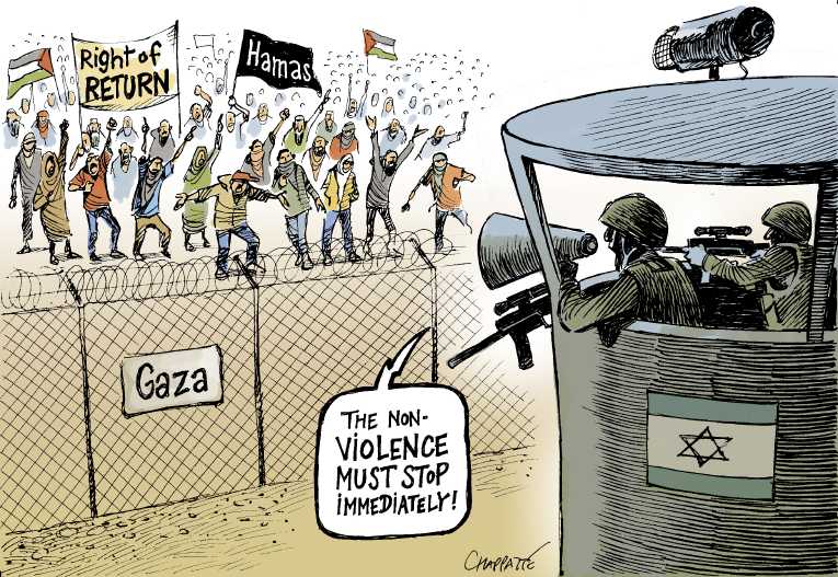 Political/Editorial Cartoon by Patrick Chappatte, International Herald Tribune on Palestinian Protesters Murdered