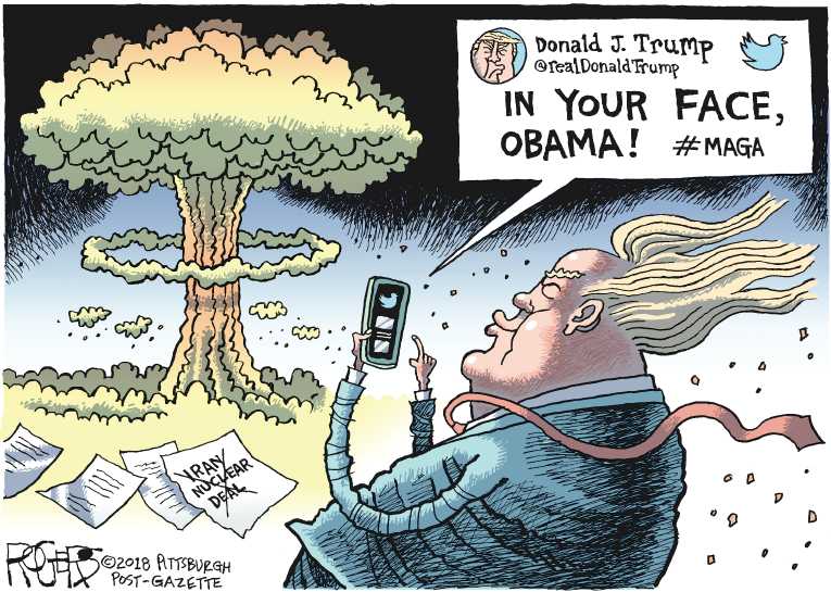 Political/Editorial Cartoon by Rob Rogers, The Pittsburgh Post-Gazette on Trump Nukes Iran Deal