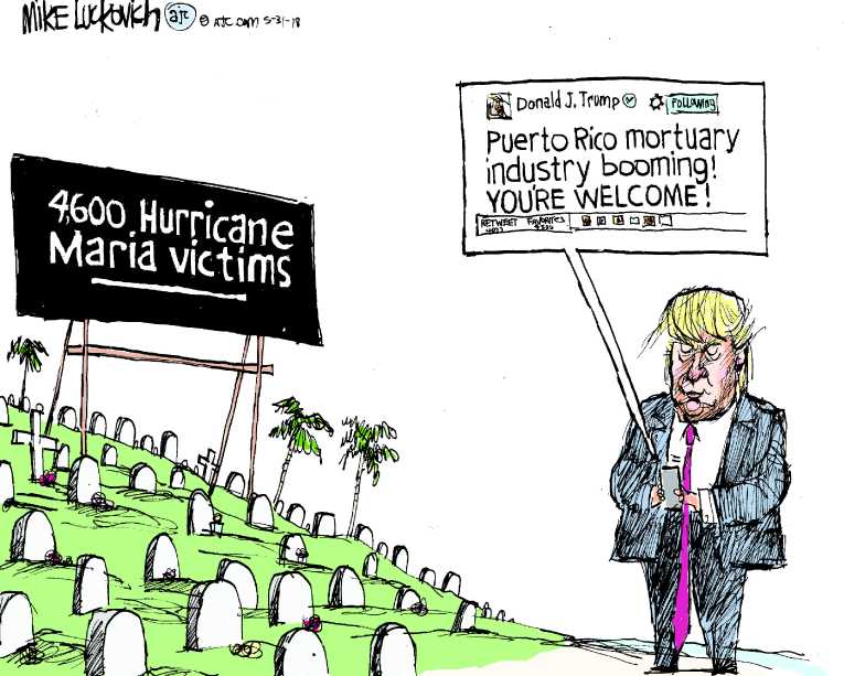 Political/Editorial Cartoon by Mike Luckovich, Atlanta Journal-Constitution on Puerto Rico Death Toll Rises