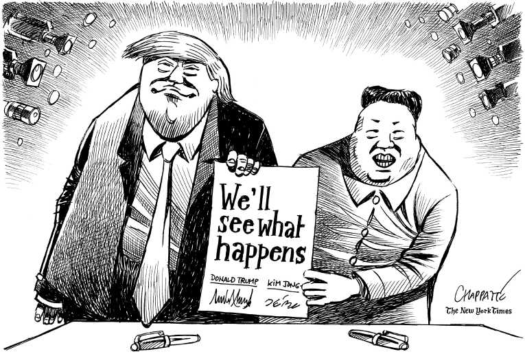 Political/Editorial Cartoon by Patrick Chappatte, International Herald Tribune on Trump Lauds Kim Meeting