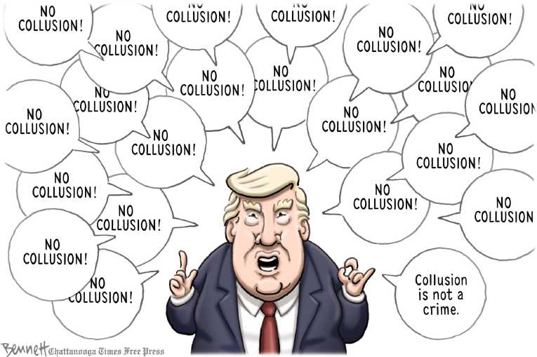 Political/Editorial Cartoon by Clay Bennett, Chattanooga Times Free Press on Trump Team Claims No Collusion