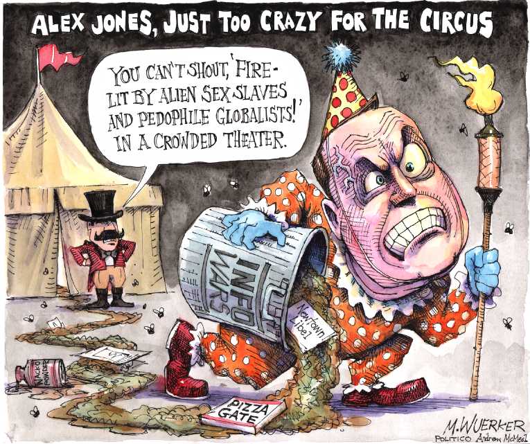 Political/Editorial Cartoon by Matt Wuerker, Politico on Alex Jones Censored