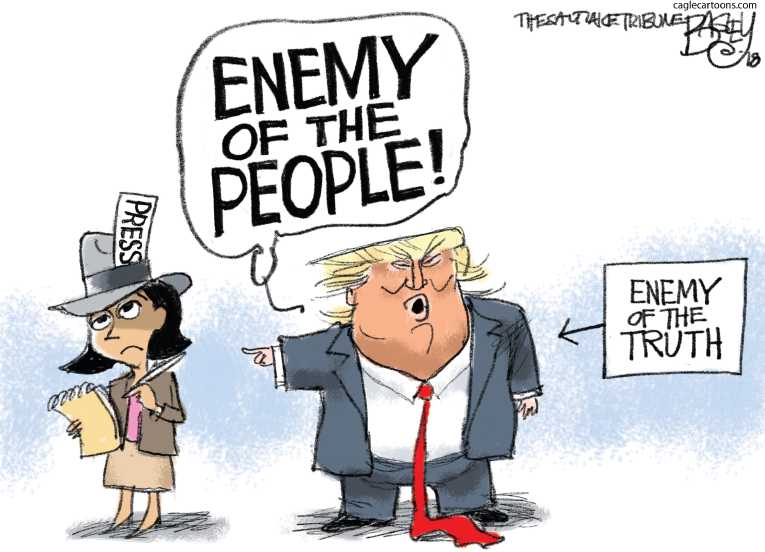 Political/Editorial Cartoon by Pat Bagley, Salt Lake Tribune on Trump Vilifies Press