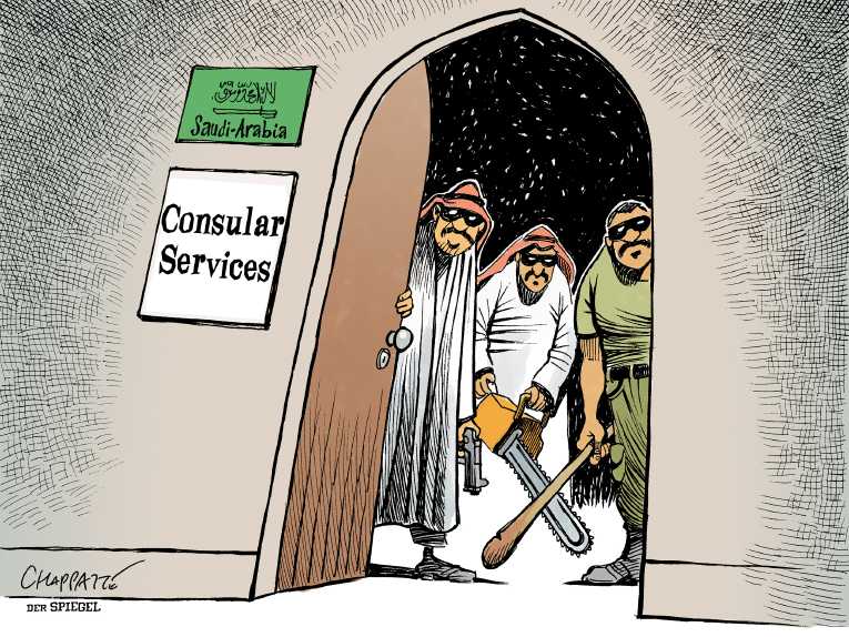 Political/Editorial Cartoon by Patrick Chappatte, International Herald Tribune on Saudis Kill, Mutilate Journalist