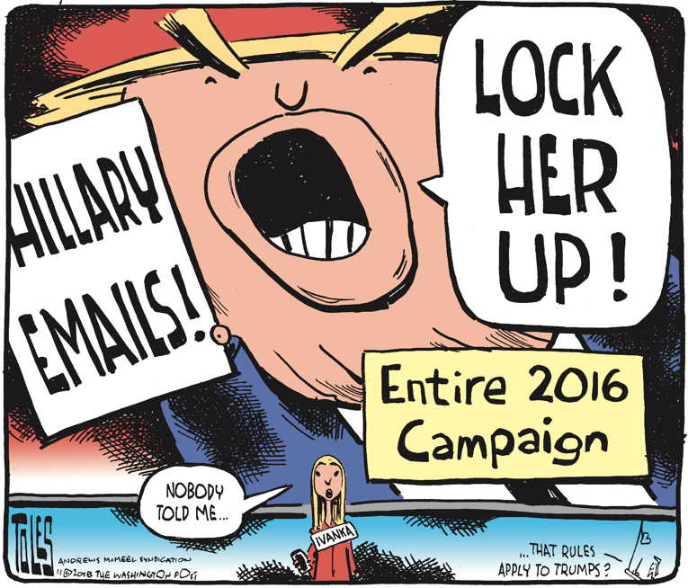 Political/Editorial Cartoon by Tom Toles, Washington Post on Ivanka Misused Email