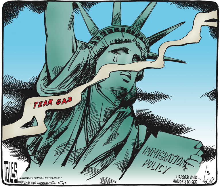 Political/Editorial Cartoon by Tom Toles, Washington Post on Asylum Seekers Tear-Gassed