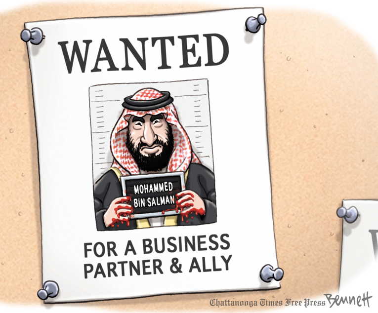 Political/Editorial Cartoon by Clay Bennett, Chattanooga Times Free Press on Trump Praises Saudis