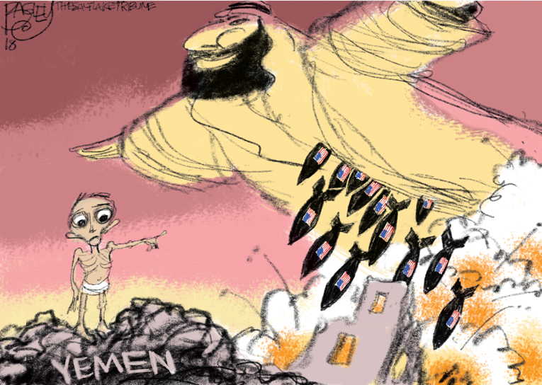 Political/Editorial Cartoon by Pat Bagley, Salt Lake Tribune on Mass Murder Continues in Yemen