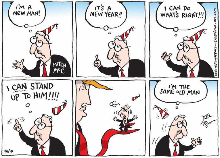 Political/Editorial Cartoon by Joel Pett, Lexington Herald-Leader, CWS/CartoonArts Intl. on McConnell Buckles (Again)