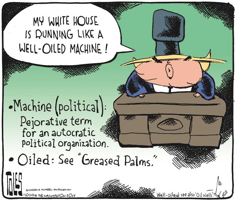 Political/Editorial Cartoon by Tom Toles, Washington Post on Trump Lauds His Administration