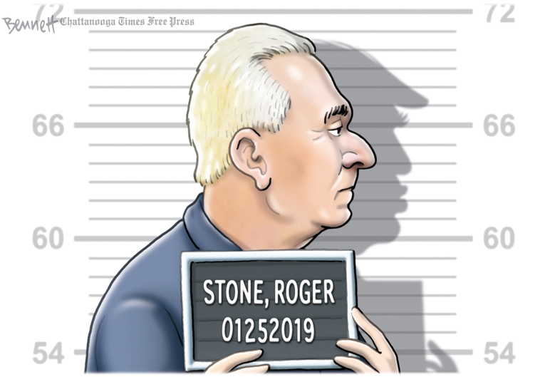 Political/Editorial Cartoon by Clay Bennett, Chattanooga Times Free Press on Roger Stone Indicted
