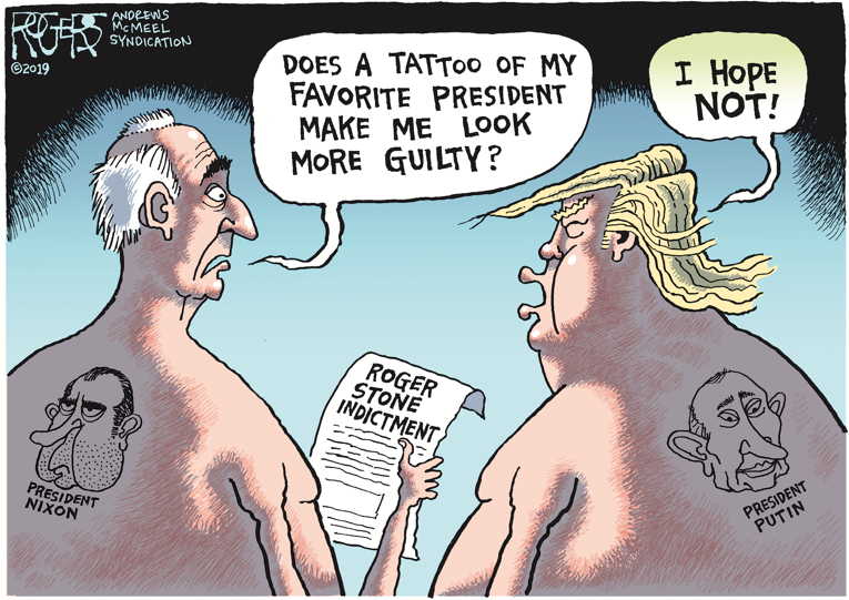 Political/Editorial Cartoon by Rob Rogers on President Backs Roger Stone