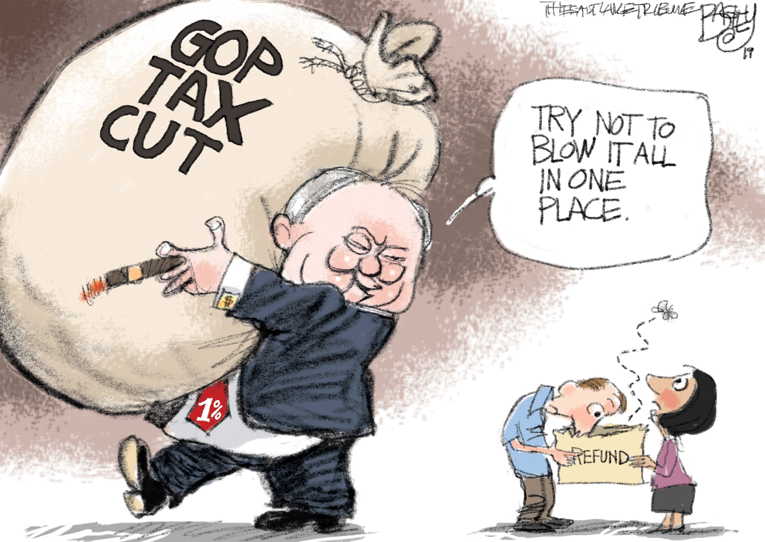 Political/Editorial Cartoon by Pat Bagley, Salt Lake Tribune on Tax Reform Working as Planned