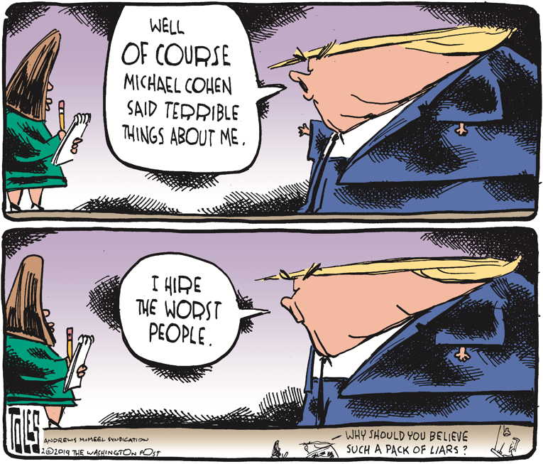 Political/Editorial Cartoon by Tom Toles, Washington Post on Cohen Blasts Trump