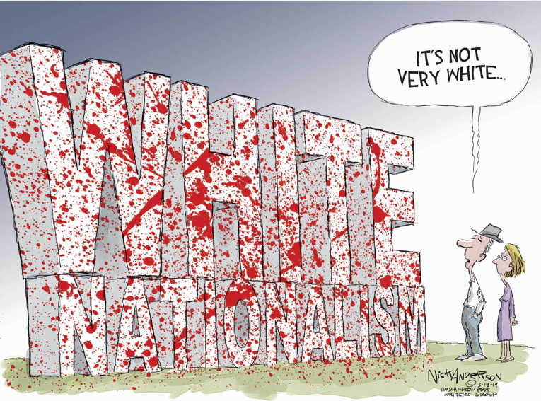 Political/Editorial Cartoon by Nick Anderson, Houston Chronicle on 50 Muslims Slain in New Zealand