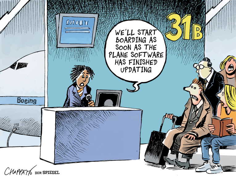 Political/Editorial Cartoon by Patrick Chappatte, International Herald Tribune on Boeing Jets Grounded