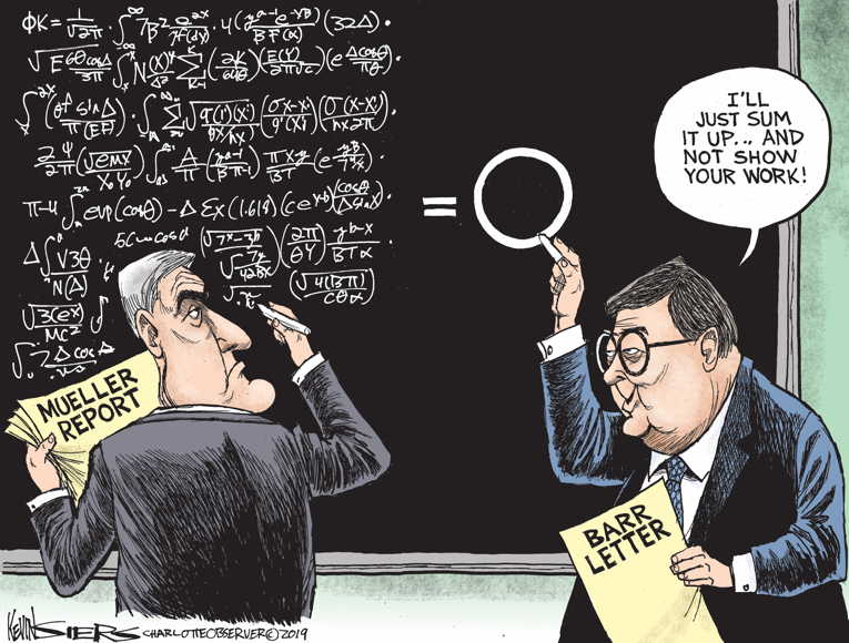 Political/Editorial Cartoon by Kevin Siers, Charlotte Observer on Barr Summarizes Mueller Report