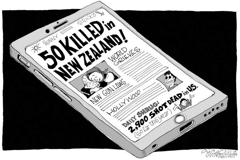Political/Editorial Cartoon by Signe Wilkinson, Philadelphia Daily News on New Zealand Bans Assault Weapons