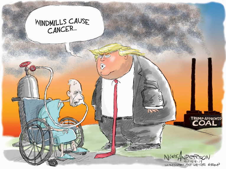 Political/Editorial Cartoon by Nick Anderson, Houston Chronicle on Trump: Windmills Cause Cancer
