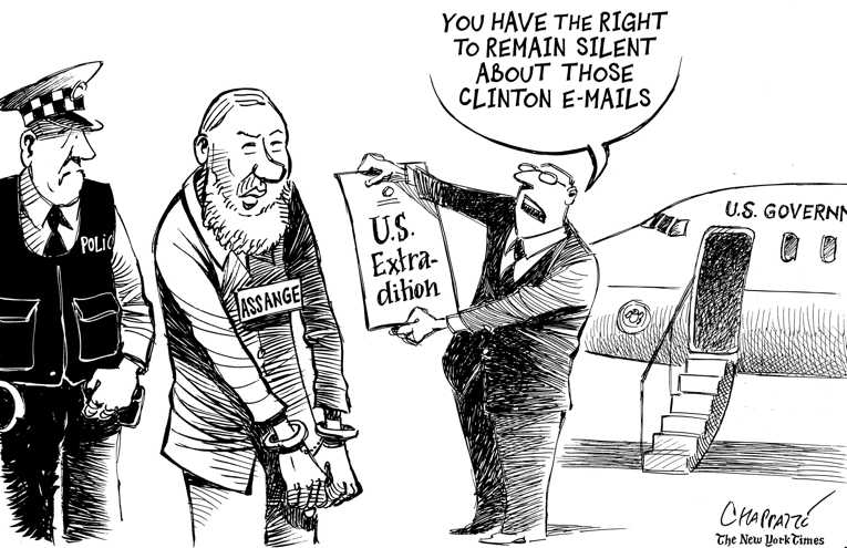 Political/Editorial Cartoon by Patrick Chappatte, International Herald Tribune on Assange’s Future in Doubt