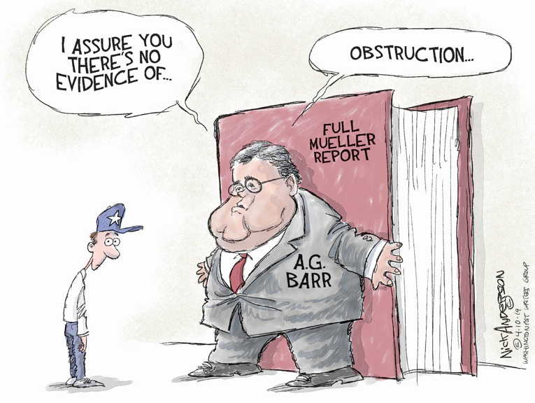 Political/Editorial Cartoon by Nick Anderson, Houston Chronicle on Barr Proving Loyalty