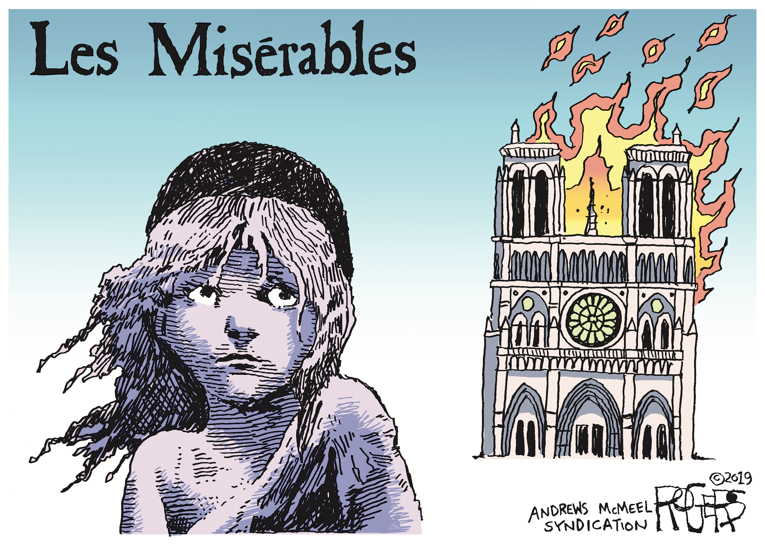 Political/Editorial Cartoon by Rob Rogers on Notre Dame Ravaged by Fire