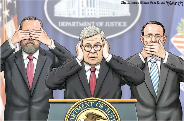 Political/Editorial Cartoon by Clay Bennett, Chattanooga Times Free Press on Barr Lies Again
